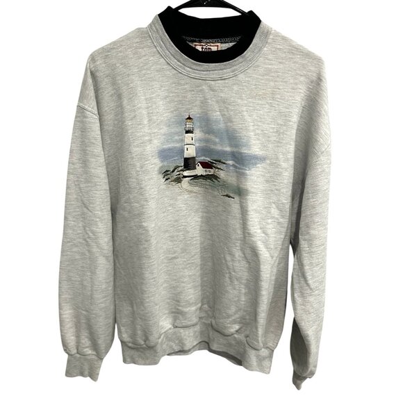 Vintage Top Stitch Lighthouse Embroidered Sweatshirt Gray Pullover Sz L - Picture 1 of 10